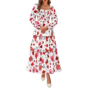 BTFBM Spring Dresses for Women 2026 Floral Long Sleeve Smocked Square Neck Ruffle Tiered Flowy Party Wedding Guest Dress(Floral White Red)