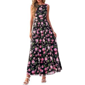 BTFBM Summer Dresses for Women 2026 Floral Maxi Dress Sleeveless Mesh Flowy Long Sundress Beach Vacation Clothes Pockets(Black Pink Flower)