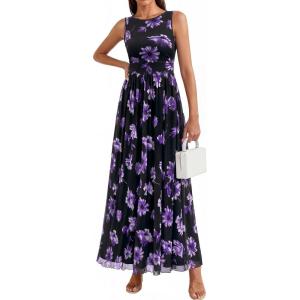 BTFBM Summer Dresses for Women 2026 Floral Maxi Dress Sleeveless Mesh Flowy Long Sundress Beach Vacation Clothes Pockets(Black Purple Flower)