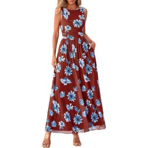 BTFBM Summer Dresses for Women 2026 Floral Maxi Dress Sleeveless Mesh Flowy Long Sundress Beach Vacation Clothes Pockets(Brown Blue Flower)