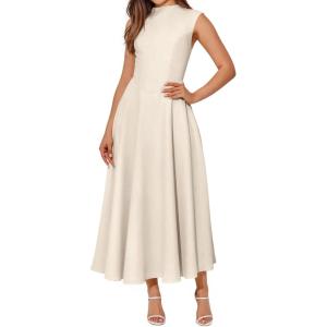 BTFBM Summer Dresses for Women 2026 Mock Neck Sleeveless High Waist Flowy Aline Maxi Spring Wedding Guest Dress Cocktail(Beige)