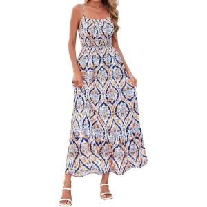 BTFBM Summer Dresses for Women 2026 Sleeveless Spaghetti Strap High Waist Boho Beach Vacation Clothes Spring Maxi Dress(Blue Geometry)
