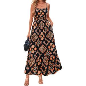 BTFBM Summer Dresses for Women 2026 Sleeveless Spaghetti Strap High Waist Boho Beach Vacation Clothes Spring Maxi Dress(Floral Black Multicolored)