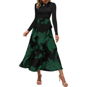BTFBM Womens Floral Maxi Dress Fall 2025 Casual Crewneck Long Sleeve Ruffle Flowy Cocktail Wedding Guest Dresses(Big Floral Dark Green)