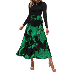 BTFBM Womens Floral Maxi Dress Fall 2025 Casual Crewneck Long Sleeve Ruffle Flowy Cocktail Wedding Guest Dresses(Big Floral Green)