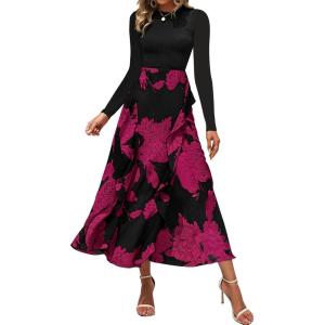 BTFBM Womens Floral Maxi Dress Fall 2025 Casual Crewneck Long Sleeve Ruffle Flowy Cocktail Wedding Guest Dresses(Big Floral Purple Red)