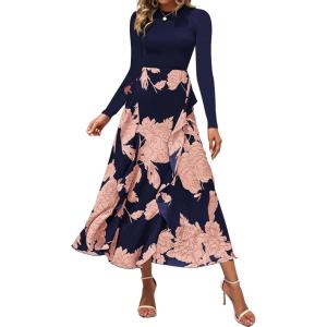 BTFBM Womens Floral Maxi Dress Fall 2025 Casual Crewneck Long Sleeve Ruffle Flowy Cocktail Wedding Guest Dresses(Pink Floral Navy)