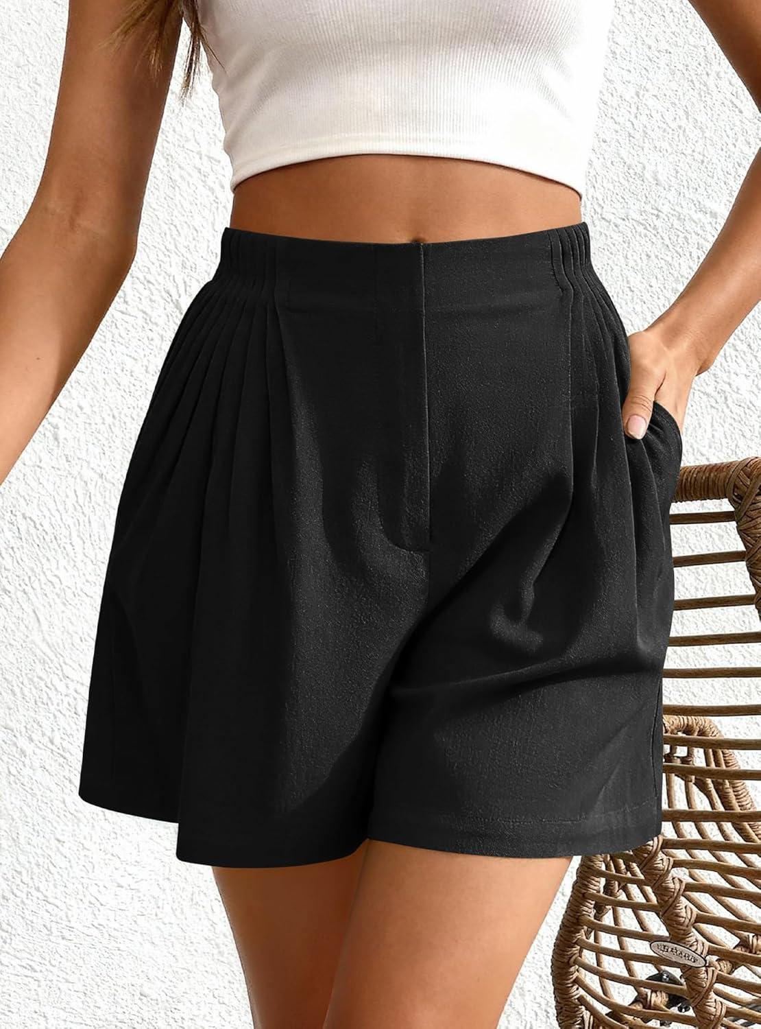 imageBTFBM Womens Shorts Casual 2026 Spring Summer Elastic High Waisted Pleated Cotton Shorts Beach Vacation Outfits PocketsBlack