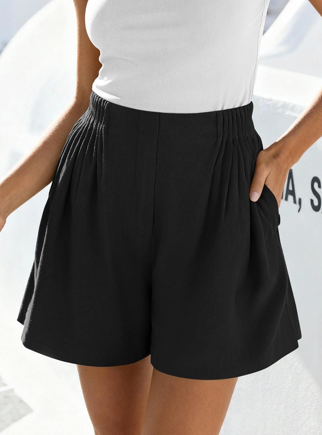 imageBTFBM Womens Shorts Casual 2026 Spring Summer Elastic High Waisted Pleated Cotton Shorts Beach Vacation Outfits PocketsBlack