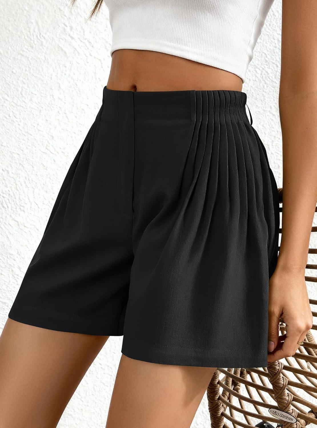 imageBTFBM Womens Shorts Casual 2026 Spring Summer Elastic High Waisted Pleated Cotton Shorts Beach Vacation Outfits PocketsBlack