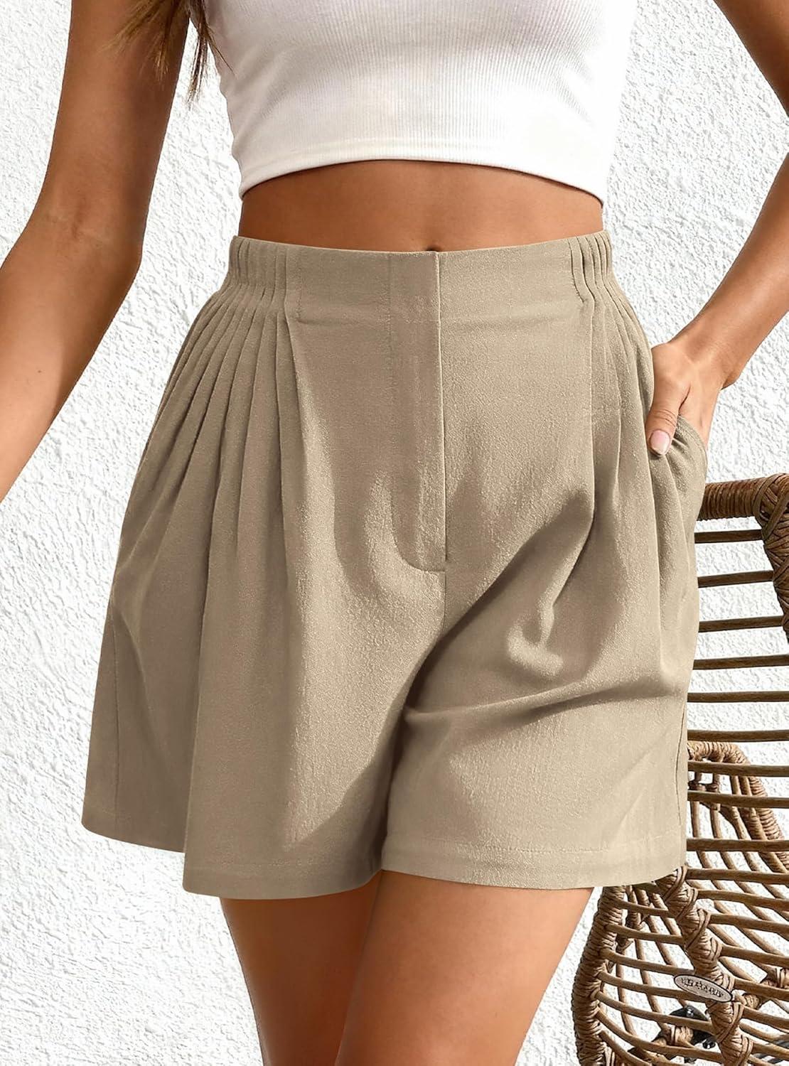 imageBTFBM Womens Shorts Casual 2026 Spring Summer Elastic High Waisted Pleated Cotton Shorts Beach Vacation Outfits PocketsKhaki