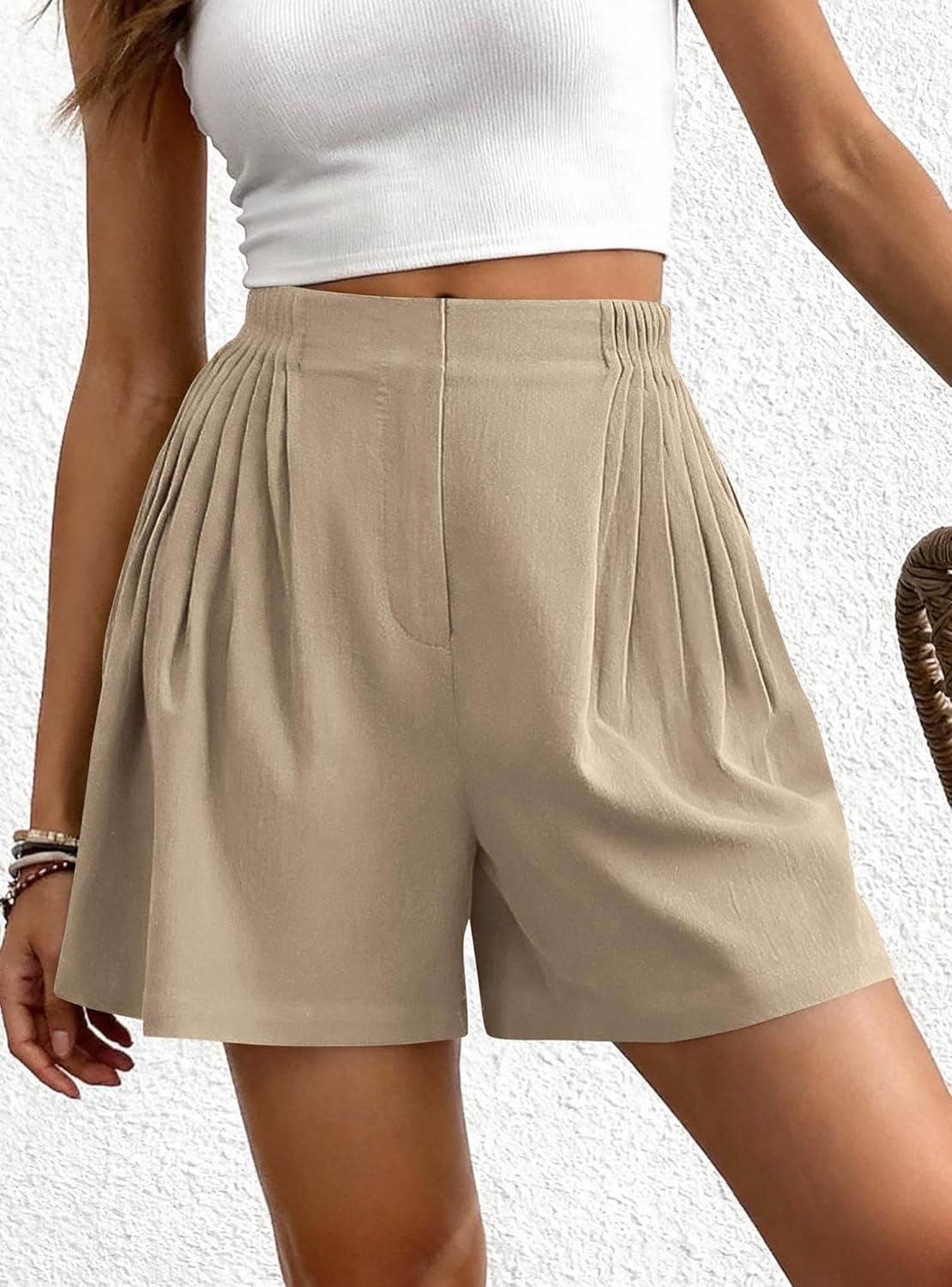imageBTFBM Womens Shorts Casual 2026 Spring Summer Elastic High Waisted Pleated Cotton Shorts Beach Vacation Outfits PocketsKhaki