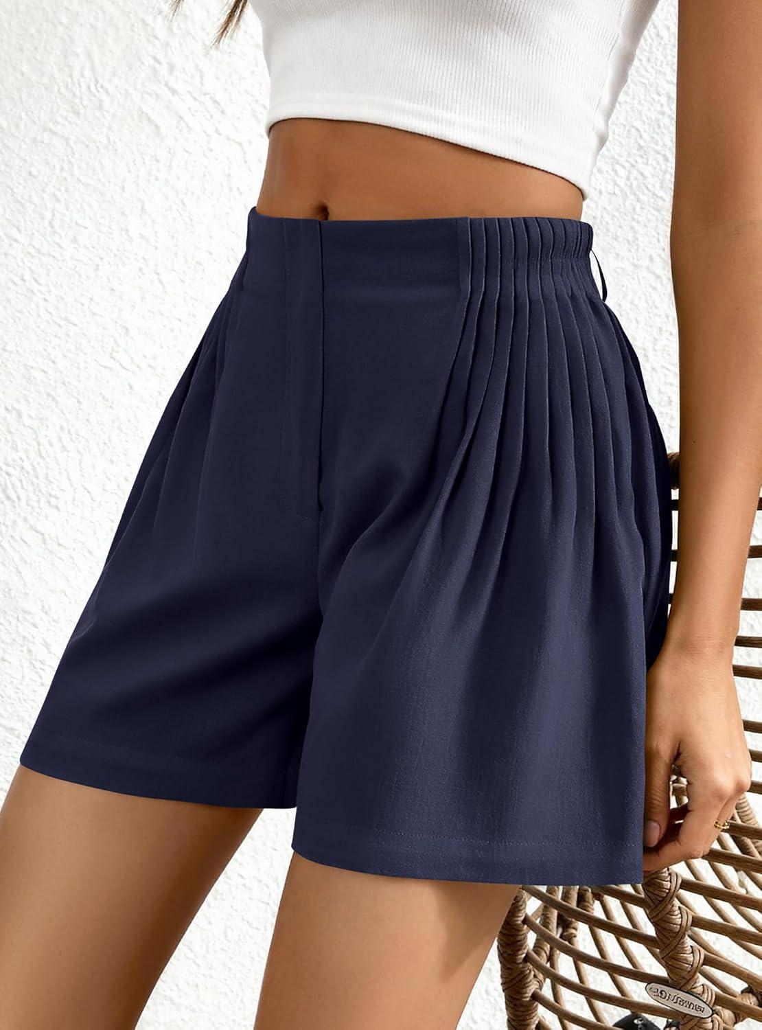 imageBTFBM Womens Shorts Casual 2026 Spring Summer Elastic High Waisted Pleated Cotton Shorts Beach Vacation Outfits PocketsNavy Blue