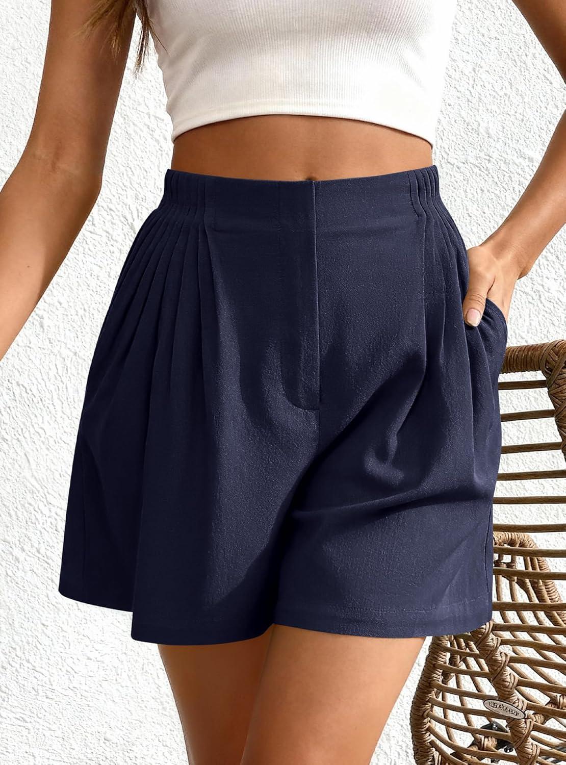 imageBTFBM Womens Shorts Casual 2026 Spring Summer Elastic High Waisted Pleated Cotton Shorts Beach Vacation Outfits PocketsNavy Blue