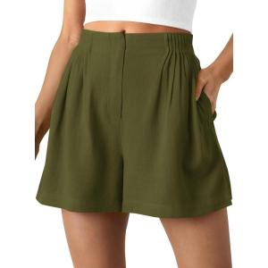 BTFBM Womens Shorts Casual 2026 Spring Summer Elastic High Waisted Pleated Cotton Shorts Beach Vacation Outfits Pockets(Army Green)