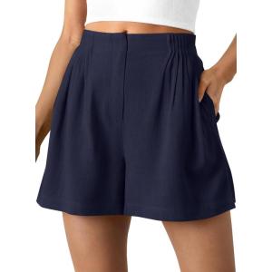 BTFBM Womens Shorts Casual 2026 Spring Summer Elastic High Waisted Pleated Cotton Shorts Beach Vacation Outfits Pockets(Navy Blue)