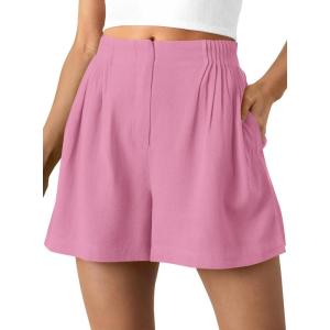BTFBM Womens Shorts Casual 2026 Spring Summer Elastic High Waisted Pleated Cotton Shorts Beach Vacation Outfits Pockets(Pink)