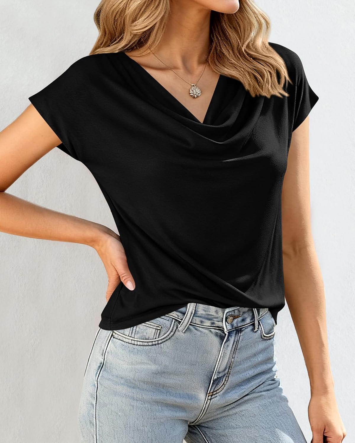 imageBTFBM Blouses for Women Dressy Casual Spring Summer Tops 2026 Cowl Neck Short Sleeve Shirts Work Office Business OutfitsBlack