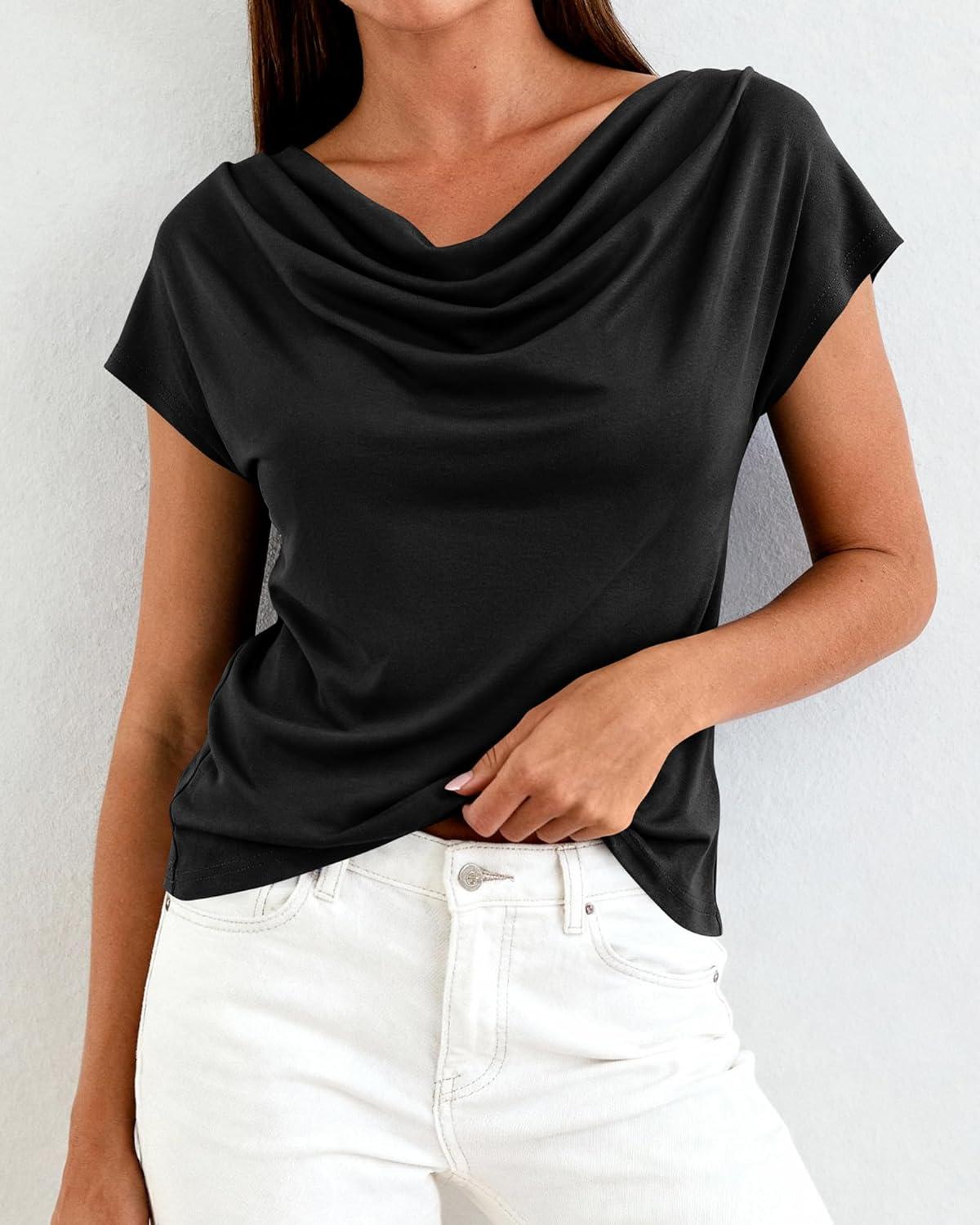 imageBTFBM Blouses for Women Dressy Casual Spring Summer Tops 2026 Cowl Neck Short Sleeve Shirts Work Office Business OutfitsBlack
