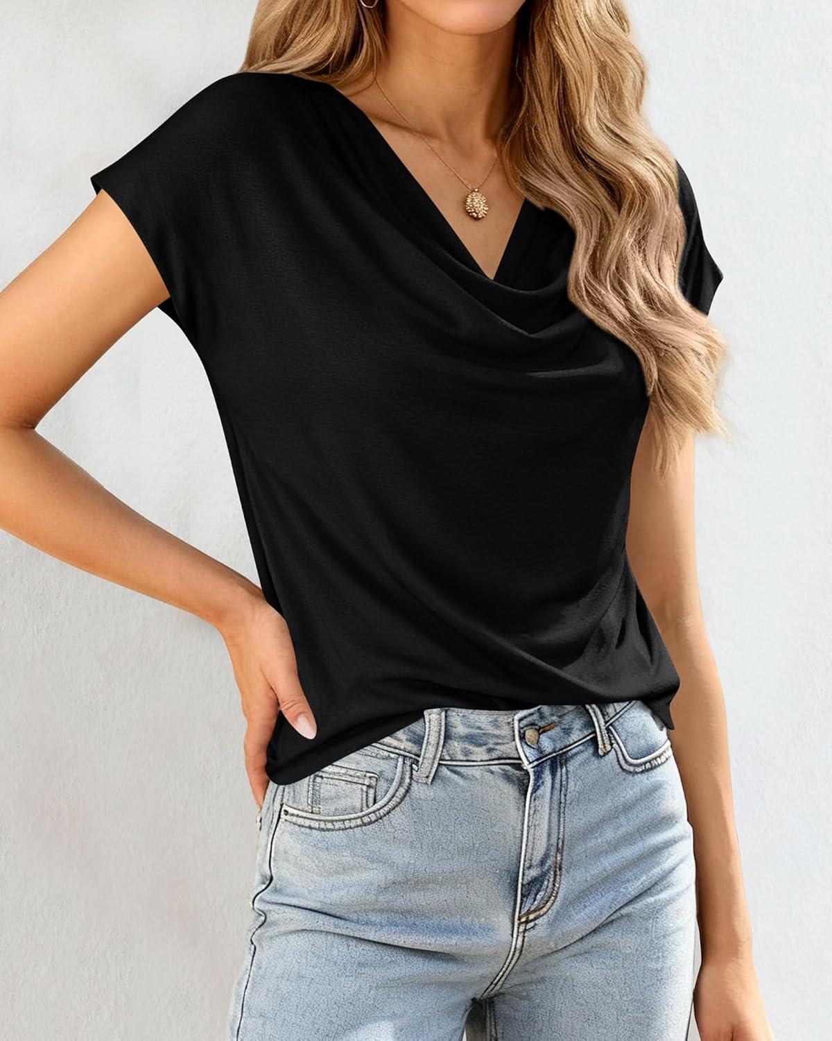 imageBTFBM Blouses for Women Dressy Casual Spring Summer Tops 2026 Cowl Neck Short Sleeve Shirts Work Office Business OutfitsBlack