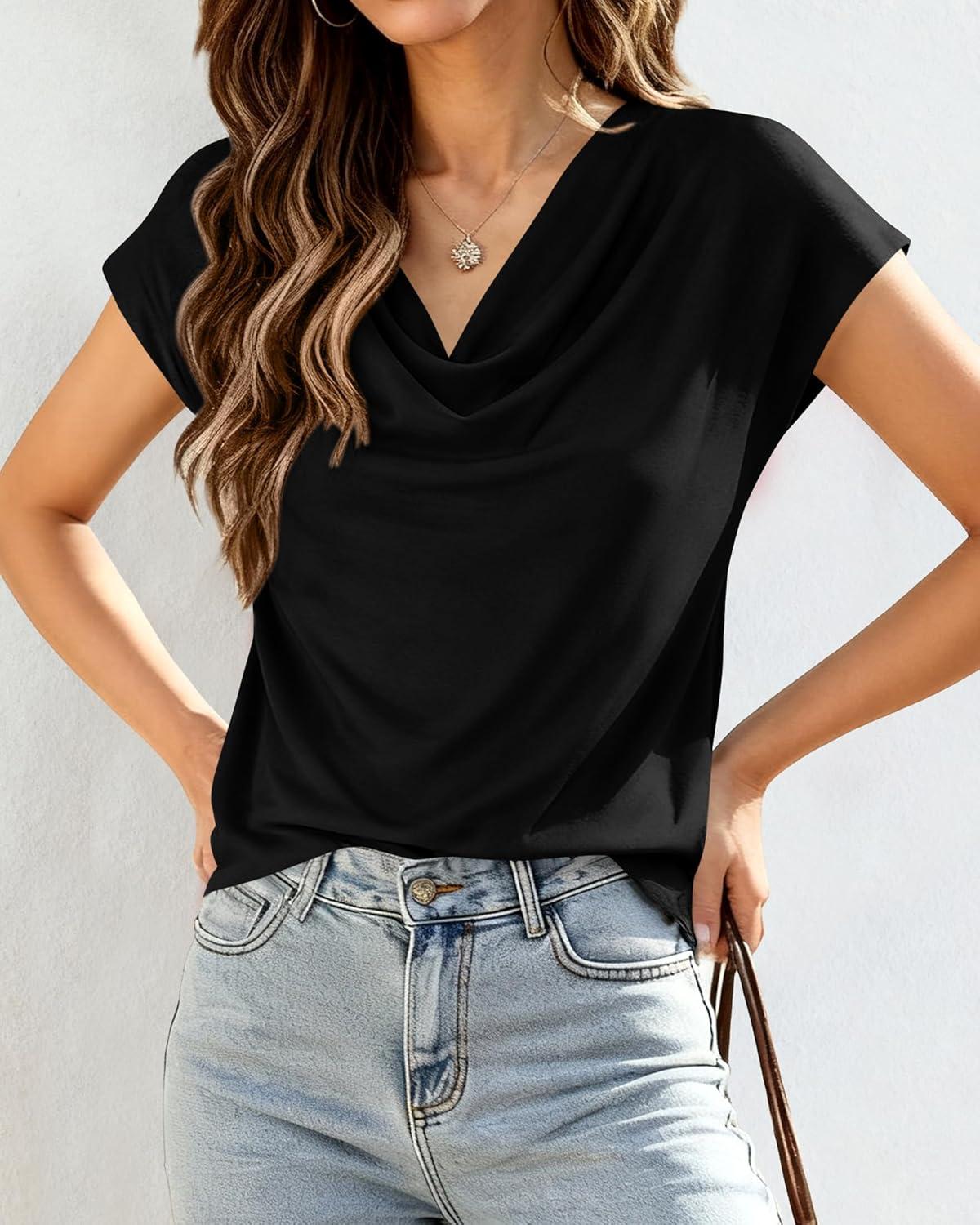 imageBTFBM Blouses for Women Dressy Casual Spring Summer Tops 2026 Cowl Neck Short Sleeve Shirts Work Office Business OutfitsBlack