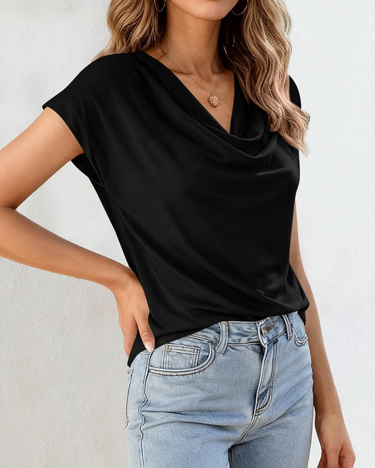 imageBTFBM Blouses for Women Dressy Casual Spring Summer Tops 2026 Cowl Neck Short Sleeve Shirts Work Office Business OutfitsBlack