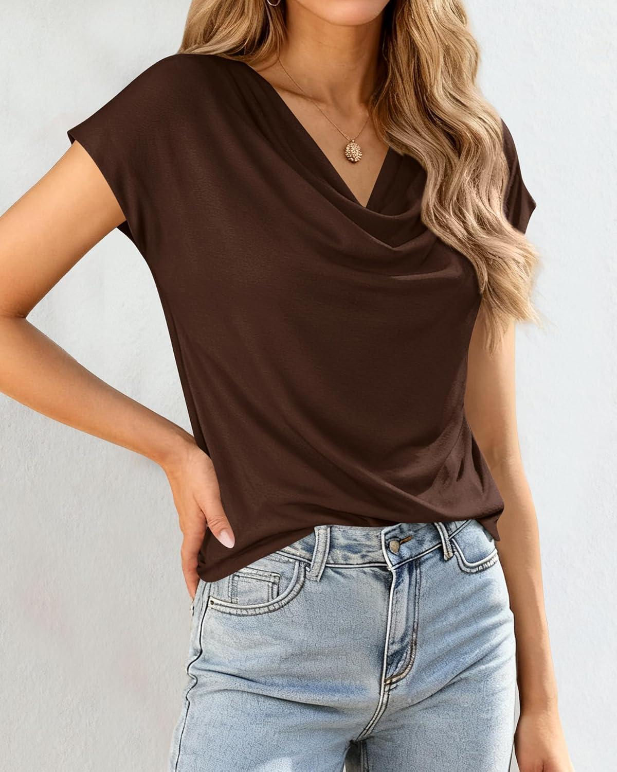 imageBTFBM Blouses for Women Dressy Casual Spring Summer Tops 2026 Cowl Neck Short Sleeve Shirts Work Office Business OutfitsBrown