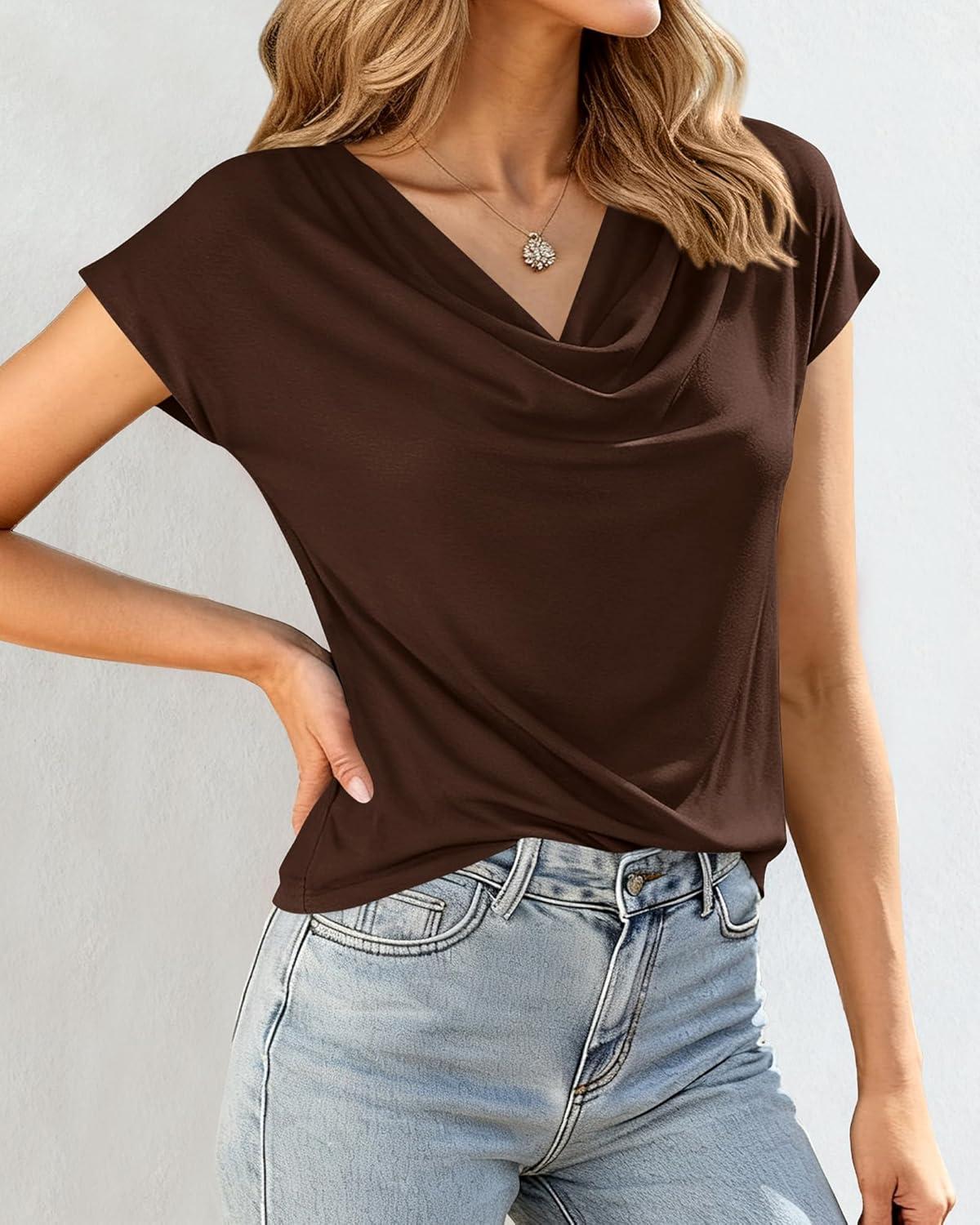 imageBTFBM Blouses for Women Dressy Casual Spring Summer Tops 2026 Cowl Neck Short Sleeve Shirts Work Office Business OutfitsBrown