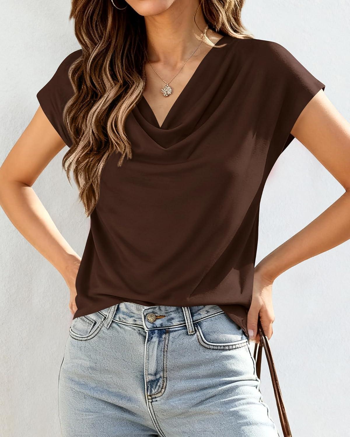 imageBTFBM Blouses for Women Dressy Casual Spring Summer Tops 2026 Cowl Neck Short Sleeve Shirts Work Office Business OutfitsBrown