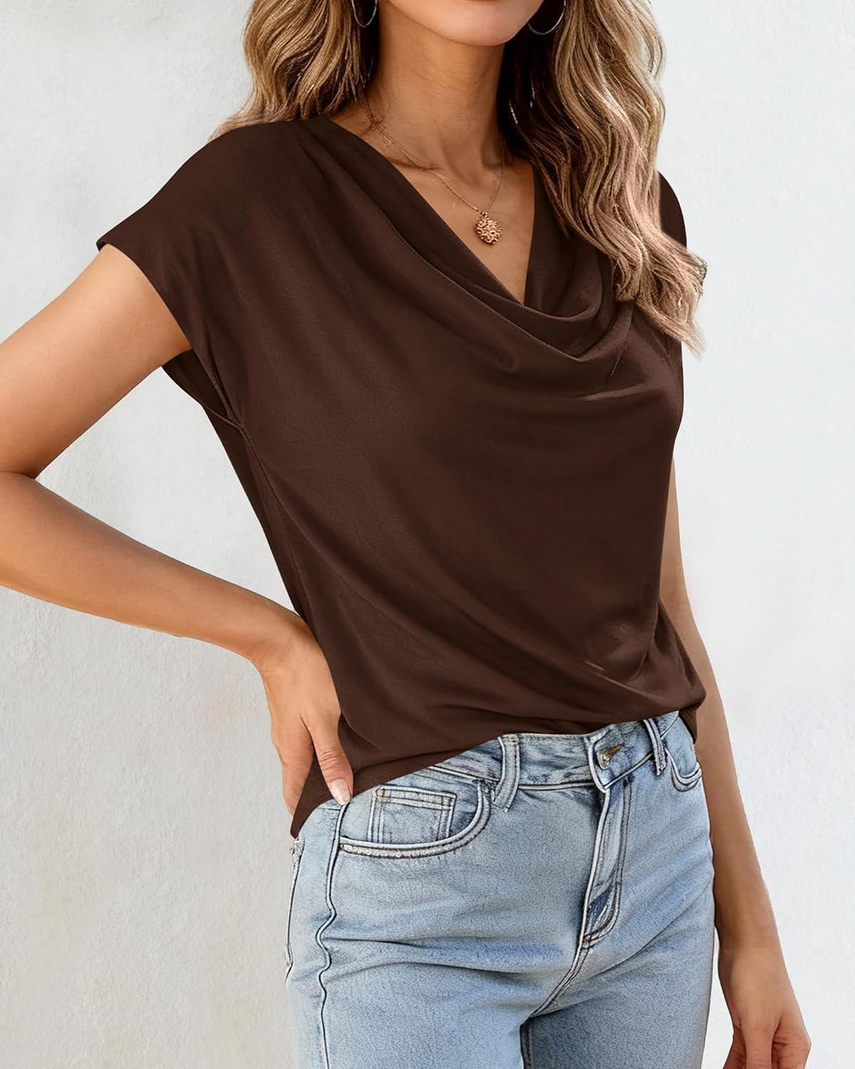 imageBTFBM Blouses for Women Dressy Casual Spring Summer Tops 2026 Cowl Neck Short Sleeve Shirts Work Office Business OutfitsBrown