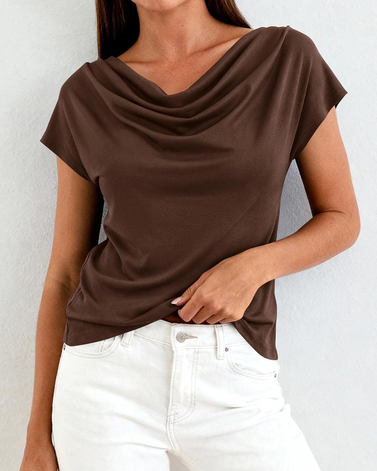 imageBTFBM Blouses for Women Dressy Casual Spring Summer Tops 2026 Cowl Neck Short Sleeve Shirts Work Office Business OutfitsBrown