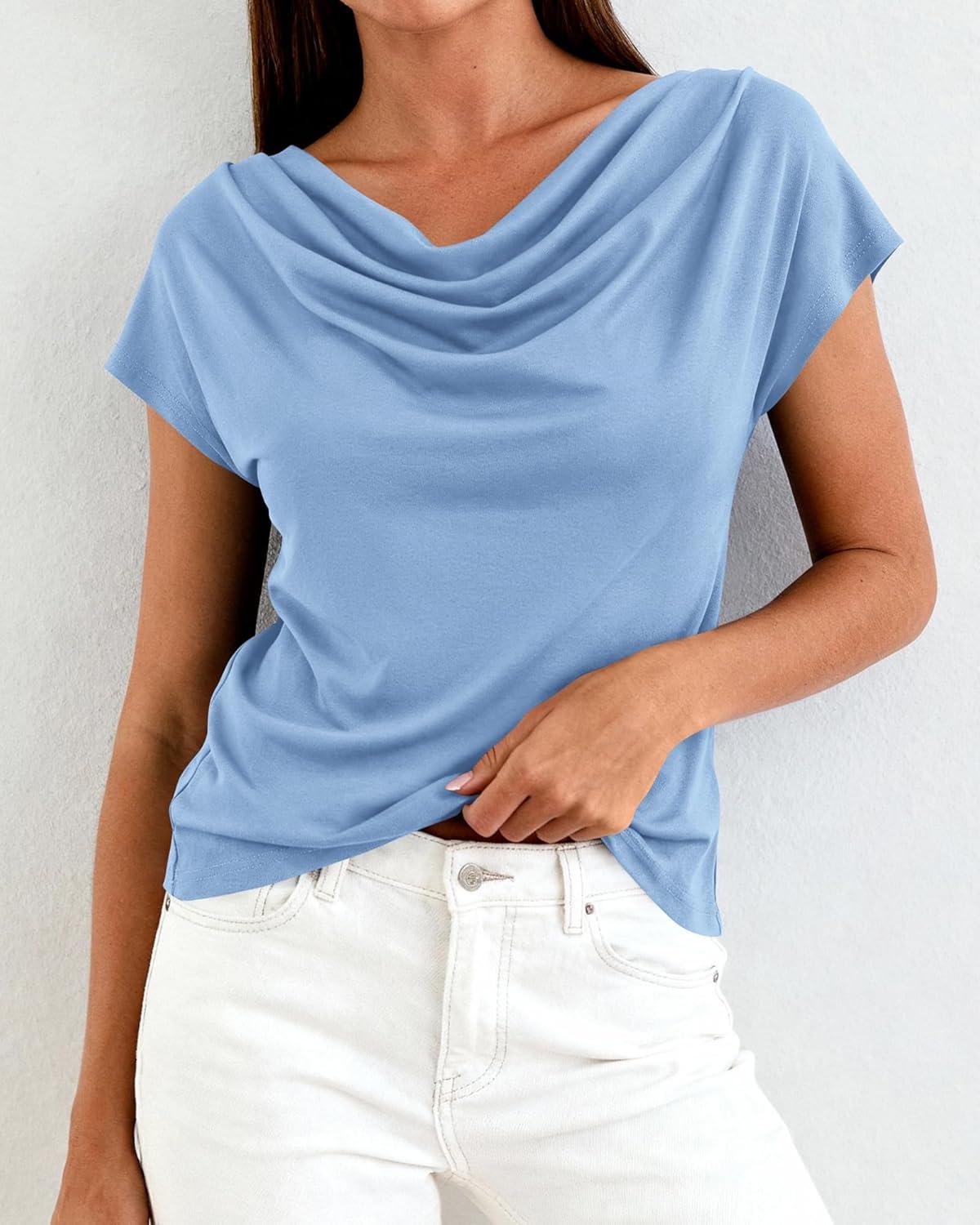 imageBTFBM Blouses for Women Dressy Casual Spring Summer Tops 2026 Cowl Neck Short Sleeve Shirts Work Office Business OutfitsLight Blue
