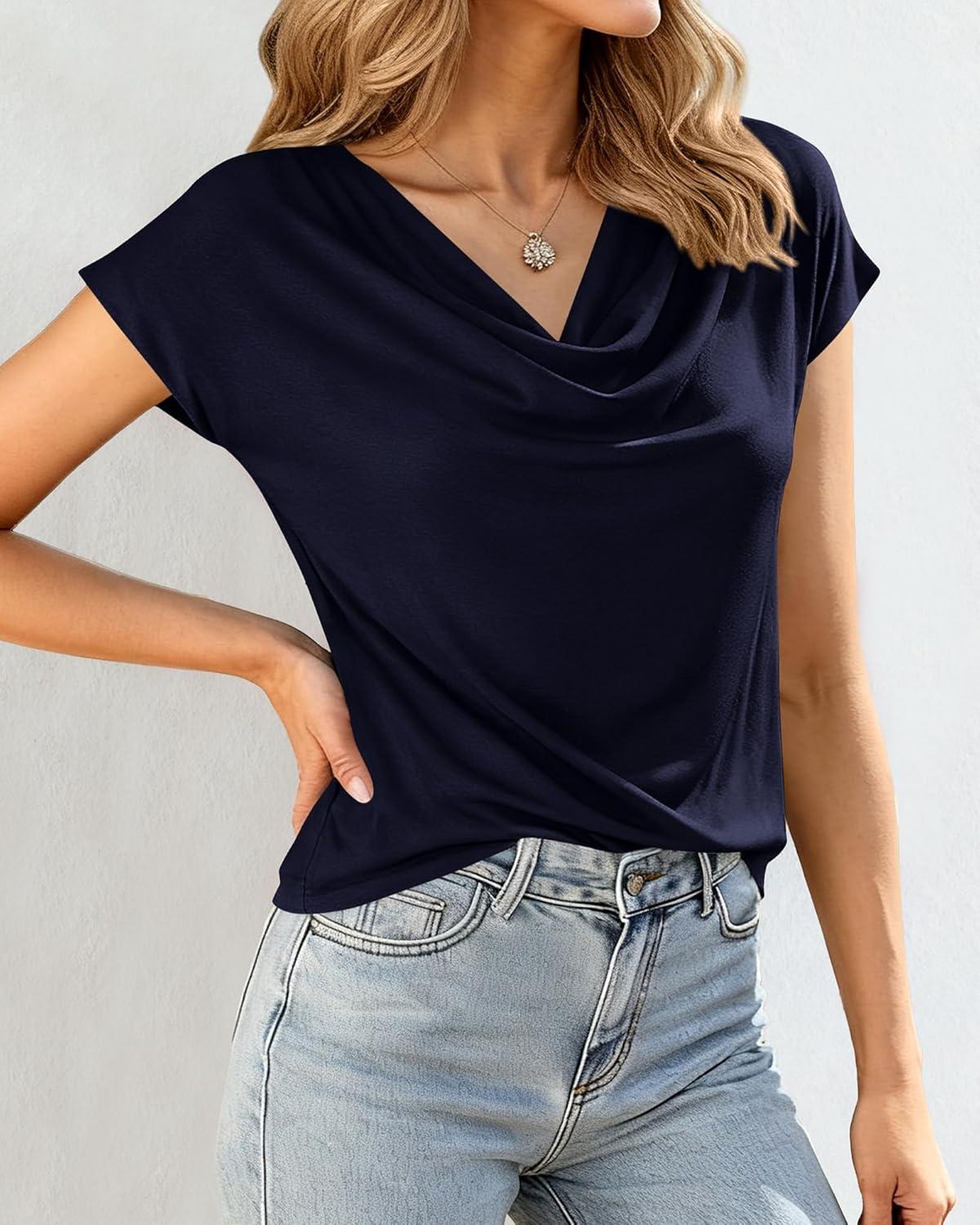 imageBTFBM Blouses for Women Dressy Casual Spring Summer Tops 2026 Cowl Neck Short Sleeve Shirts Work Office Business OutfitsNavy Blue