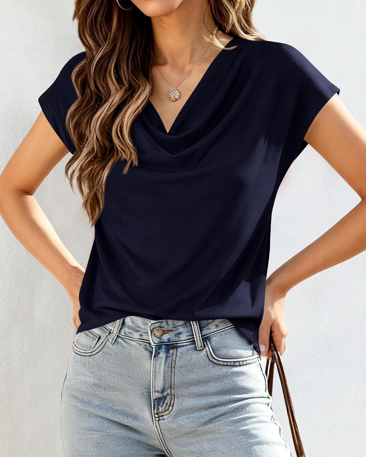 imageBTFBM Blouses for Women Dressy Casual Spring Summer Tops 2026 Cowl Neck Short Sleeve Shirts Work Office Business OutfitsNavy Blue