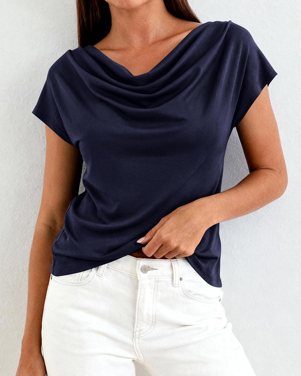 imageBTFBM Blouses for Women Dressy Casual Spring Summer Tops 2026 Cowl Neck Short Sleeve Shirts Work Office Business OutfitsNavy Blue