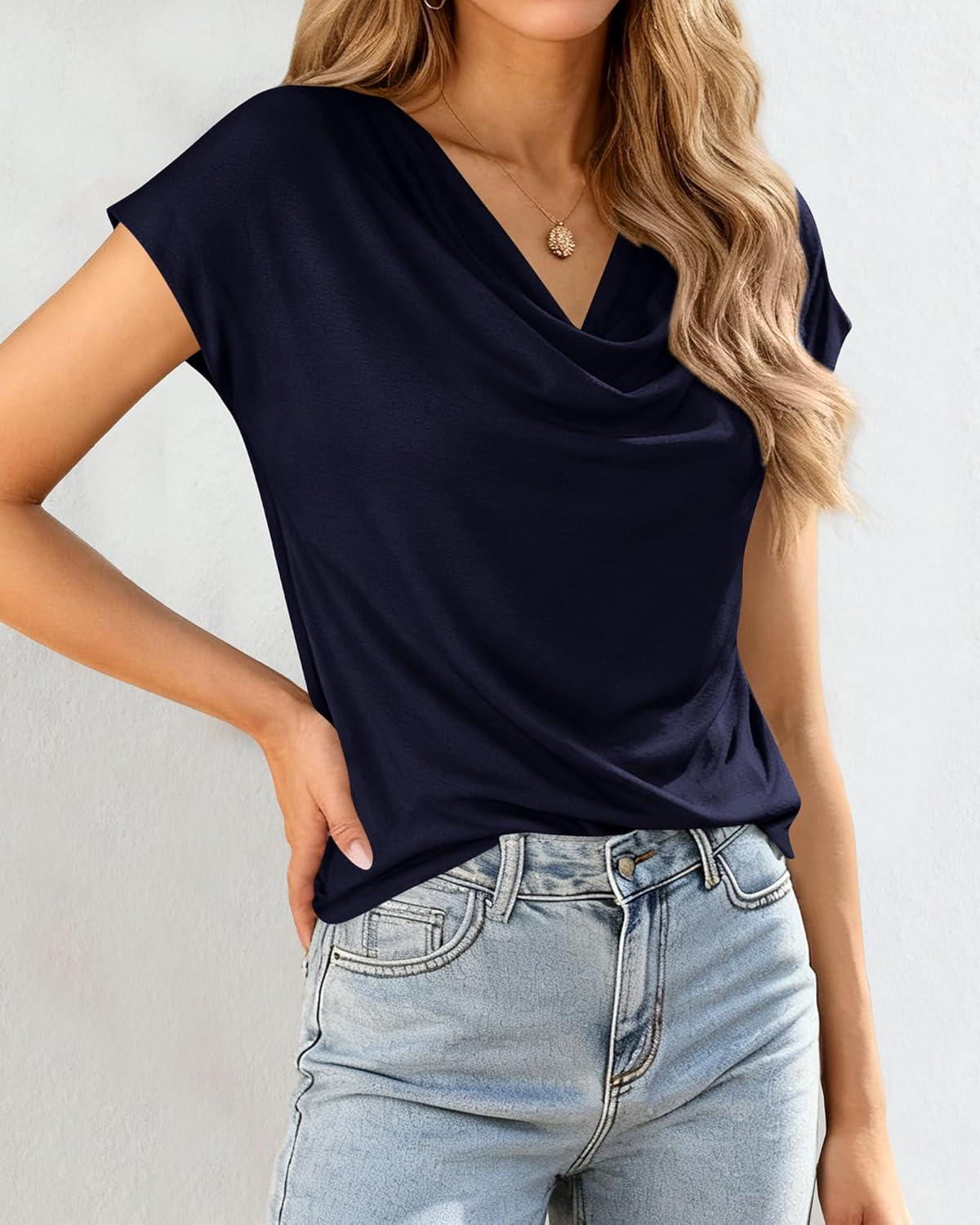 imageBTFBM Blouses for Women Dressy Casual Spring Summer Tops 2026 Cowl Neck Short Sleeve Shirts Work Office Business OutfitsNavy Blue