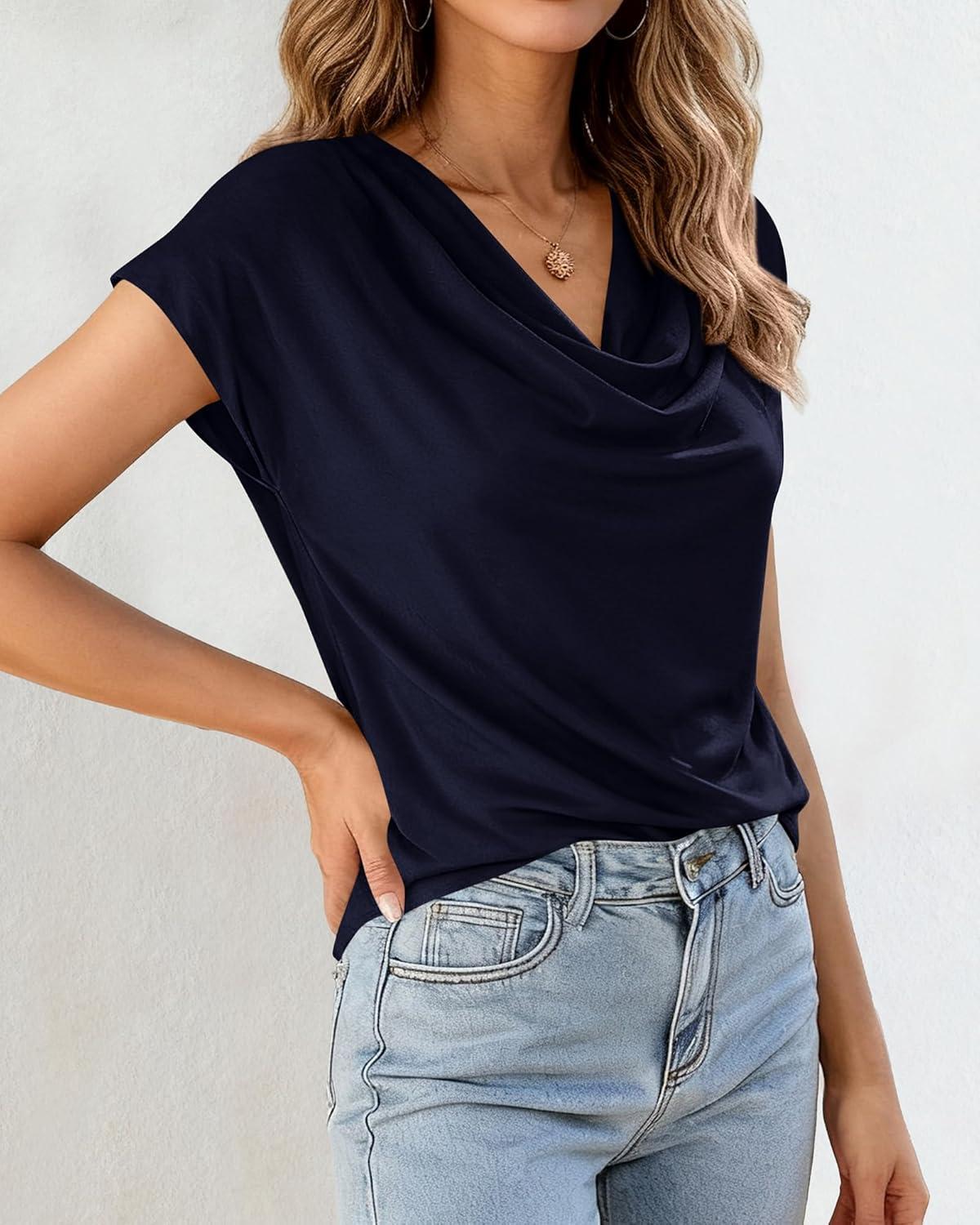 imageBTFBM Blouses for Women Dressy Casual Spring Summer Tops 2026 Cowl Neck Short Sleeve Shirts Work Office Business OutfitsNavy Blue