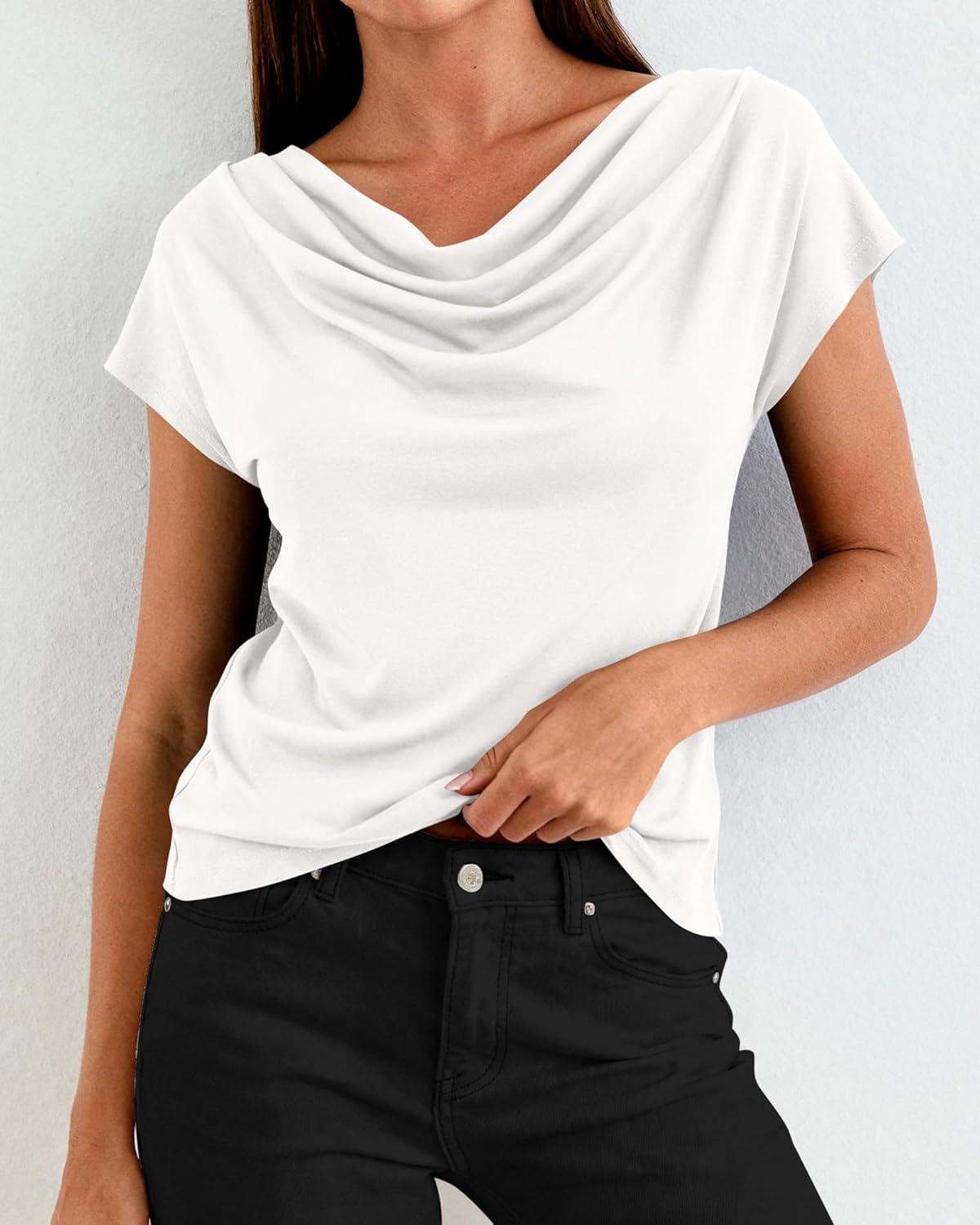 imageBTFBM Blouses for Women Dressy Casual Spring Summer Tops 2026 Cowl Neck Short Sleeve Shirts Work Office Business OutfitsWhite