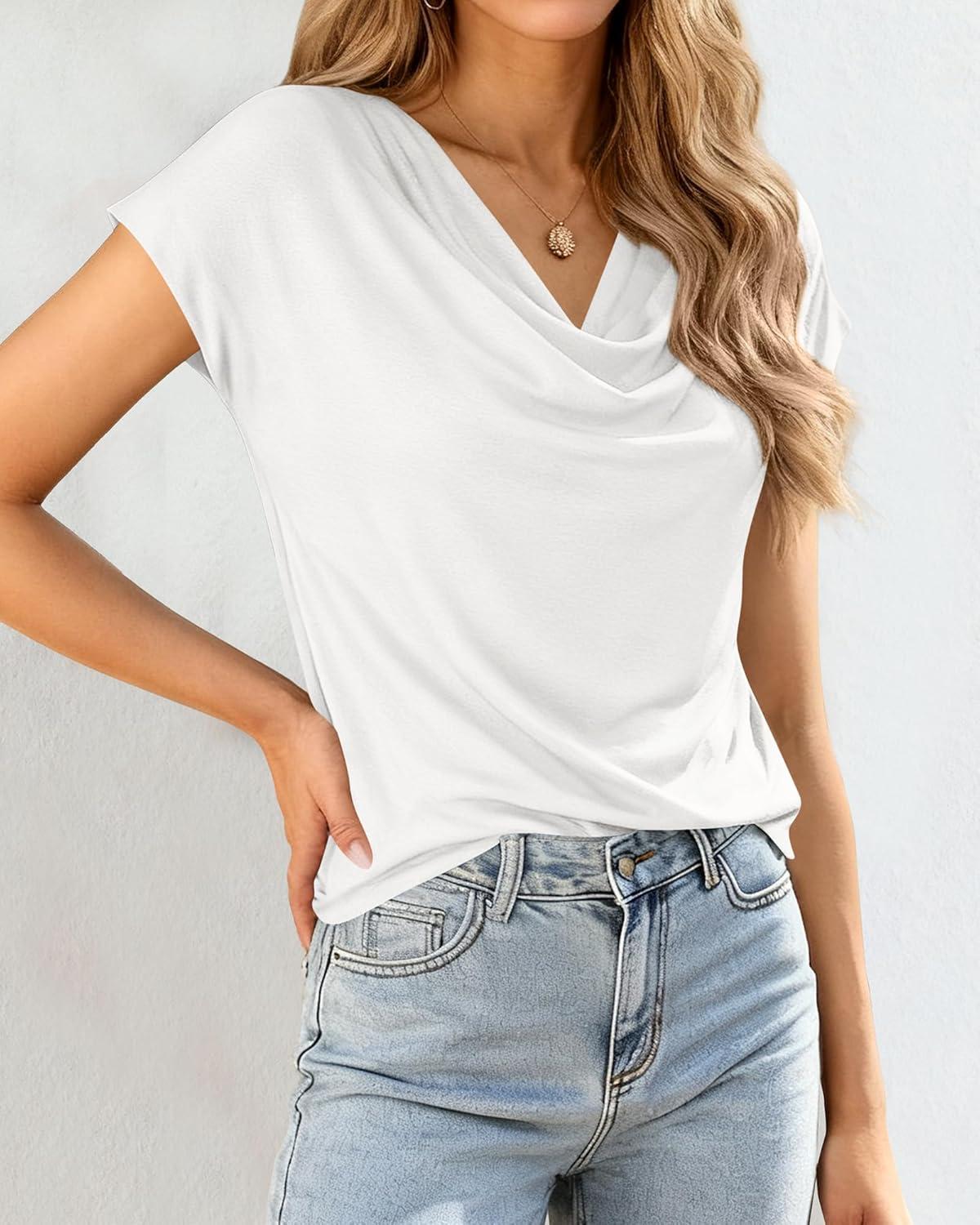 imageBTFBM Blouses for Women Dressy Casual Spring Summer Tops 2026 Cowl Neck Short Sleeve Shirts Work Office Business OutfitsWhite