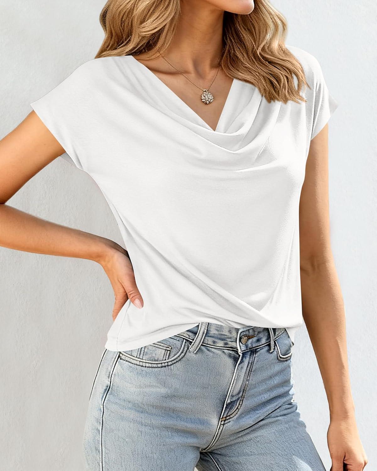 imageBTFBM Blouses for Women Dressy Casual Spring Summer Tops 2026 Cowl Neck Short Sleeve Shirts Work Office Business OutfitsWhite