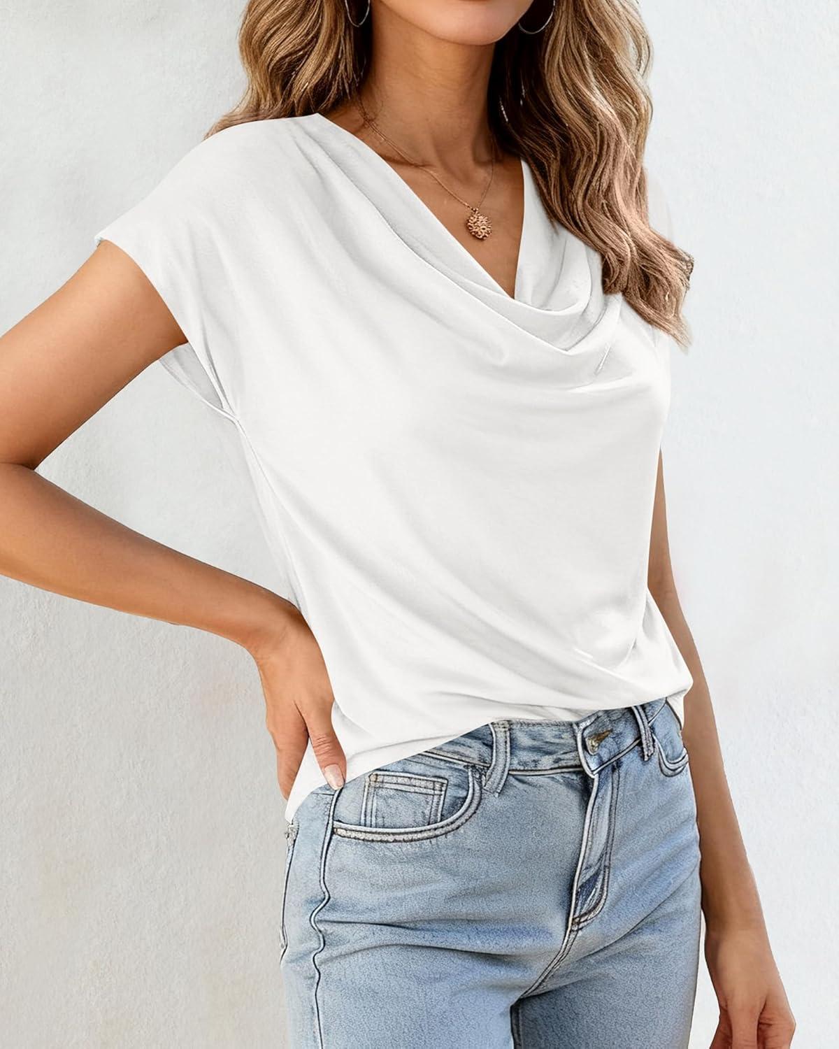 imageBTFBM Blouses for Women Dressy Casual Spring Summer Tops 2026 Cowl Neck Short Sleeve Shirts Work Office Business OutfitsWhite