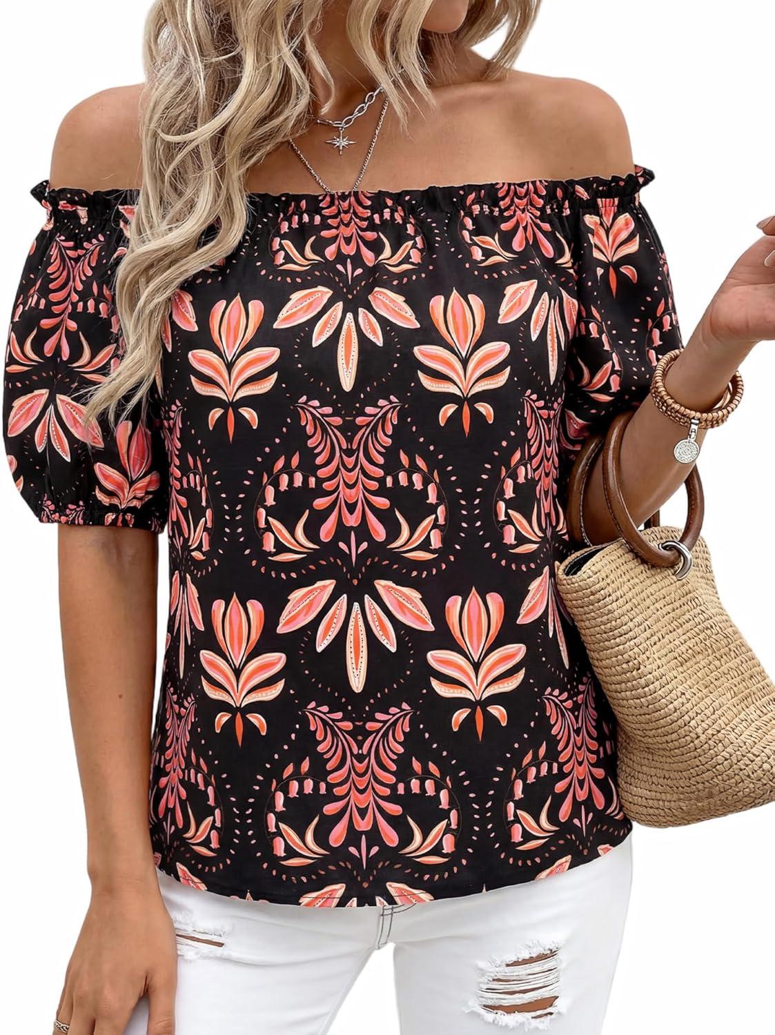 imageBTFBM Off The Shoulder Spring Tops for Women Summer Blouses Boho Floral Short Sleeve Shirts Dressy Casual Outfits 2026Floral Black Orange