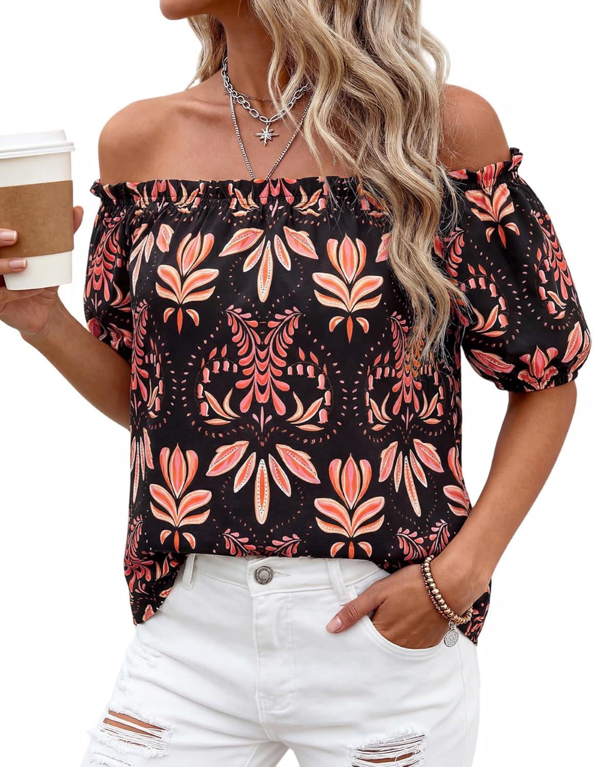 imageBTFBM Off The Shoulder Spring Tops for Women Summer Blouses Boho Floral Short Sleeve Shirts Dressy Casual Outfits 2026Floral Black Orange