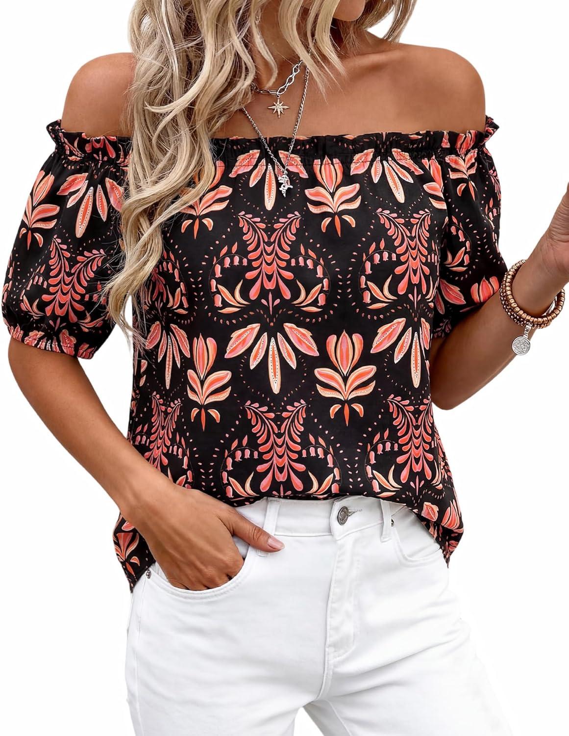 imageBTFBM Off The Shoulder Spring Tops for Women Summer Blouses Boho Floral Short Sleeve Shirts Dressy Casual Outfits 2026Floral Black Orange