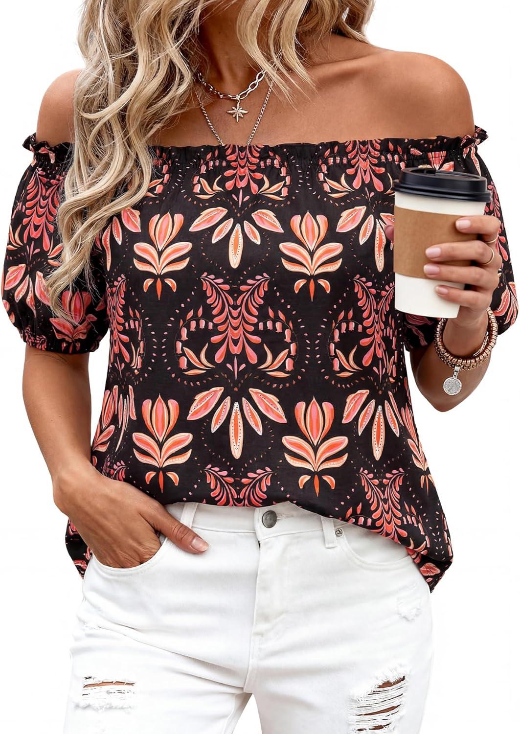 imageBTFBM Off The Shoulder Spring Tops for Women Summer Blouses Boho Floral Short Sleeve Shirts Dressy Casual Outfits 2026Floral Black Orange