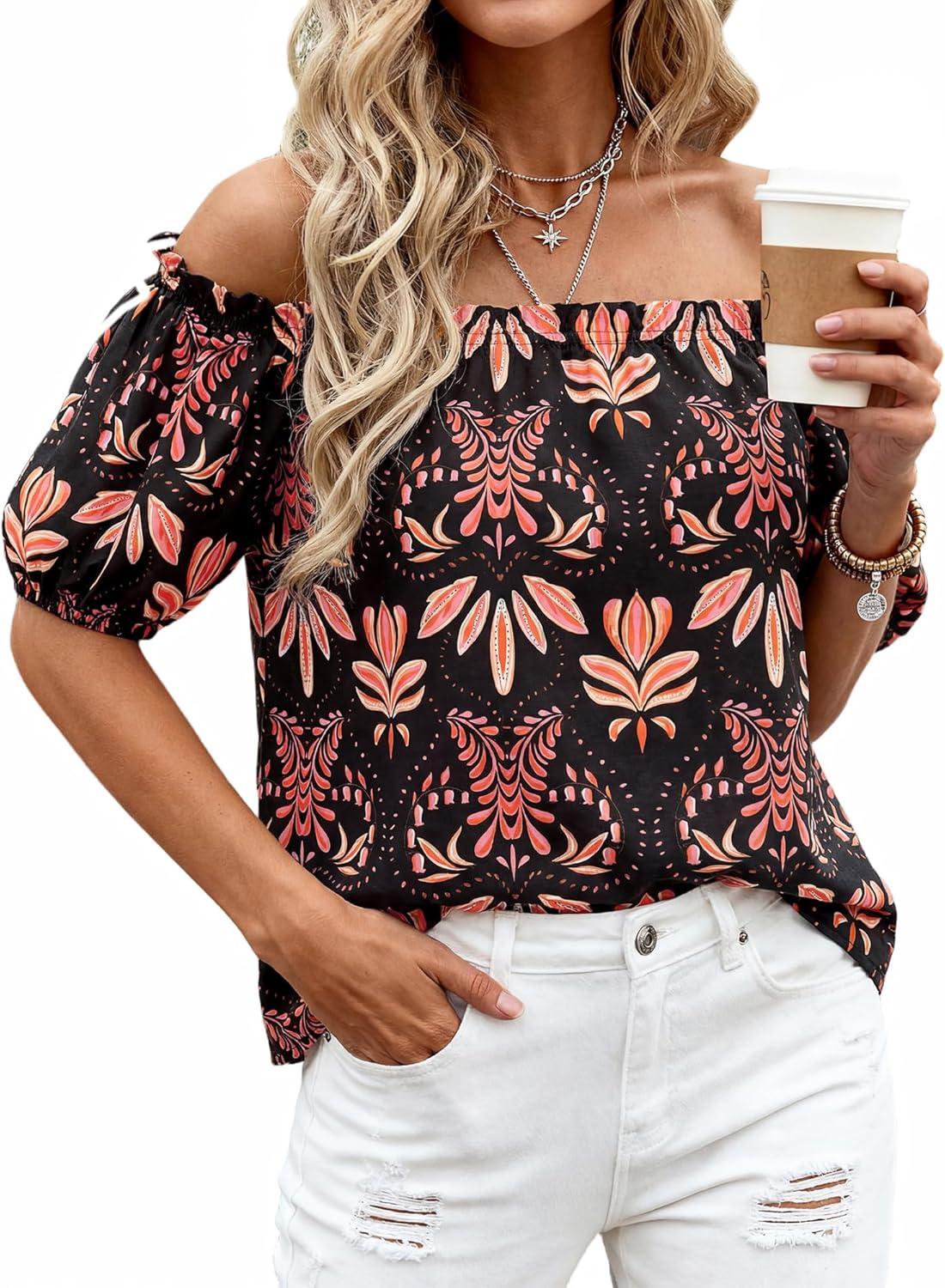 imageBTFBM Off The Shoulder Spring Tops for Women Summer Blouses Boho Floral Short Sleeve Shirts Dressy Casual Outfits 2026Floral Black Orange