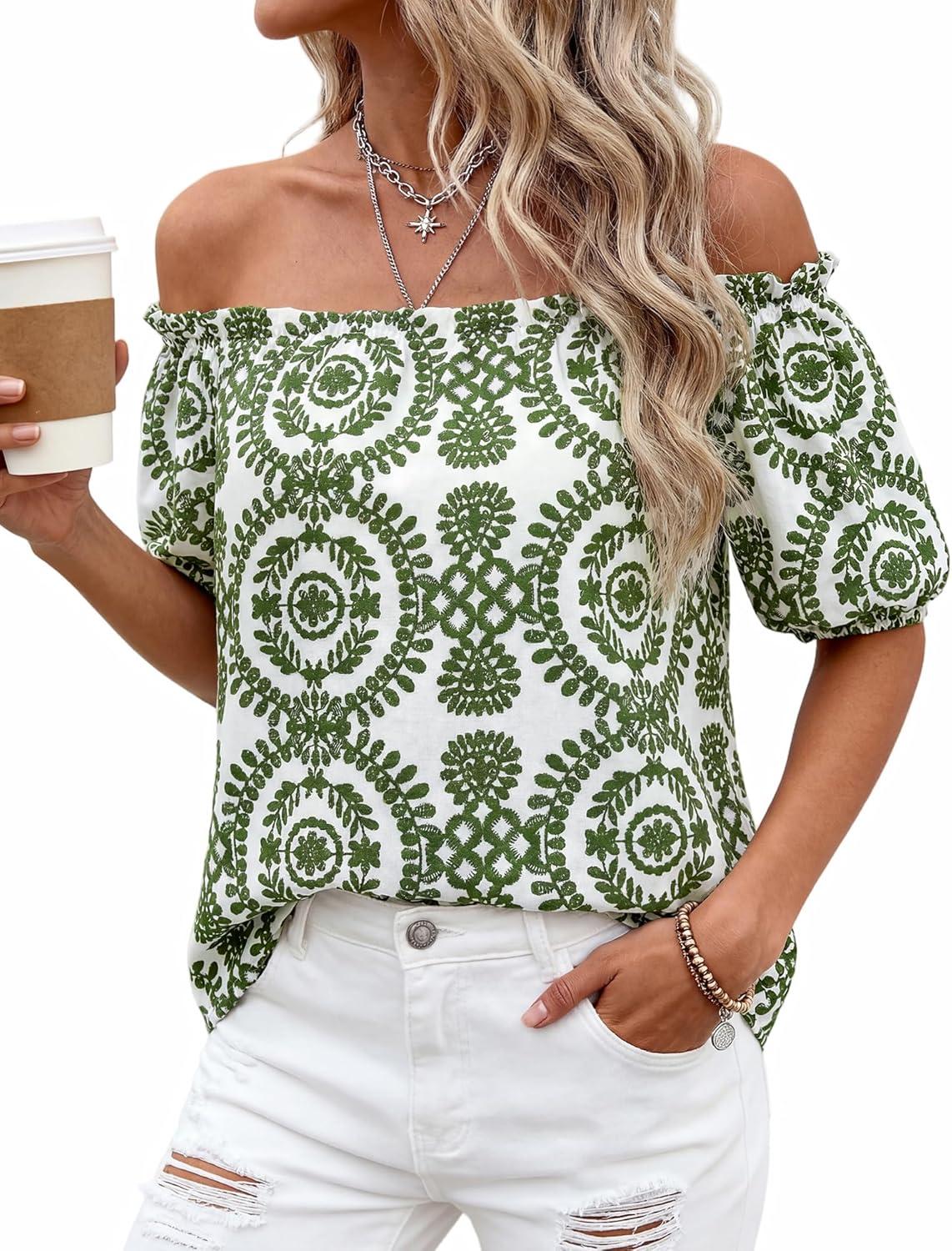 imageBTFBM Off The Shoulder Spring Tops for Women Summer Blouses Boho Floral Short Sleeve Shirts Dressy Casual Outfits 2026Floral White Army Green