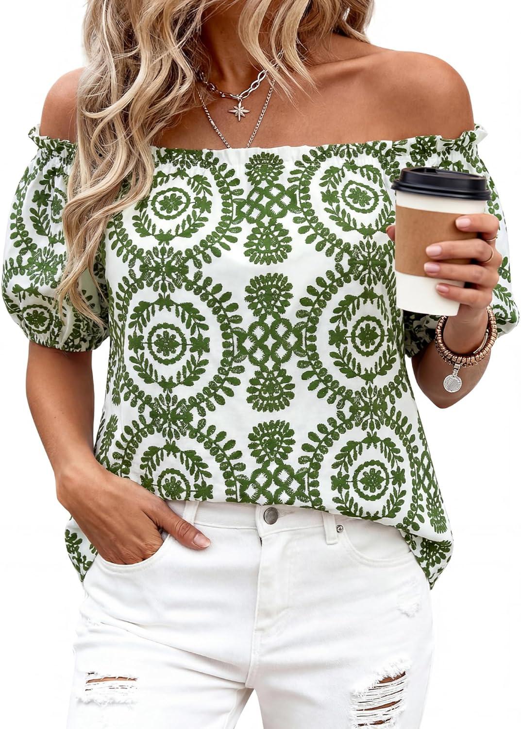 imageBTFBM Off The Shoulder Spring Tops for Women Summer Blouses Boho Floral Short Sleeve Shirts Dressy Casual Outfits 2026Floral White Army Green