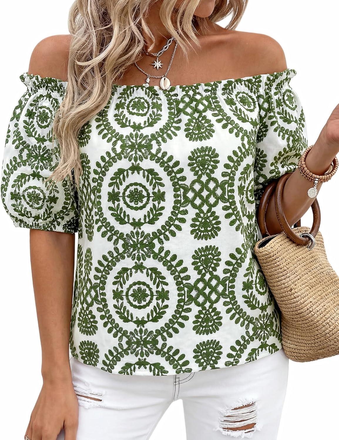 imageBTFBM Off The Shoulder Spring Tops for Women Summer Blouses Boho Floral Short Sleeve Shirts Dressy Casual Outfits 2026Floral White Army Green