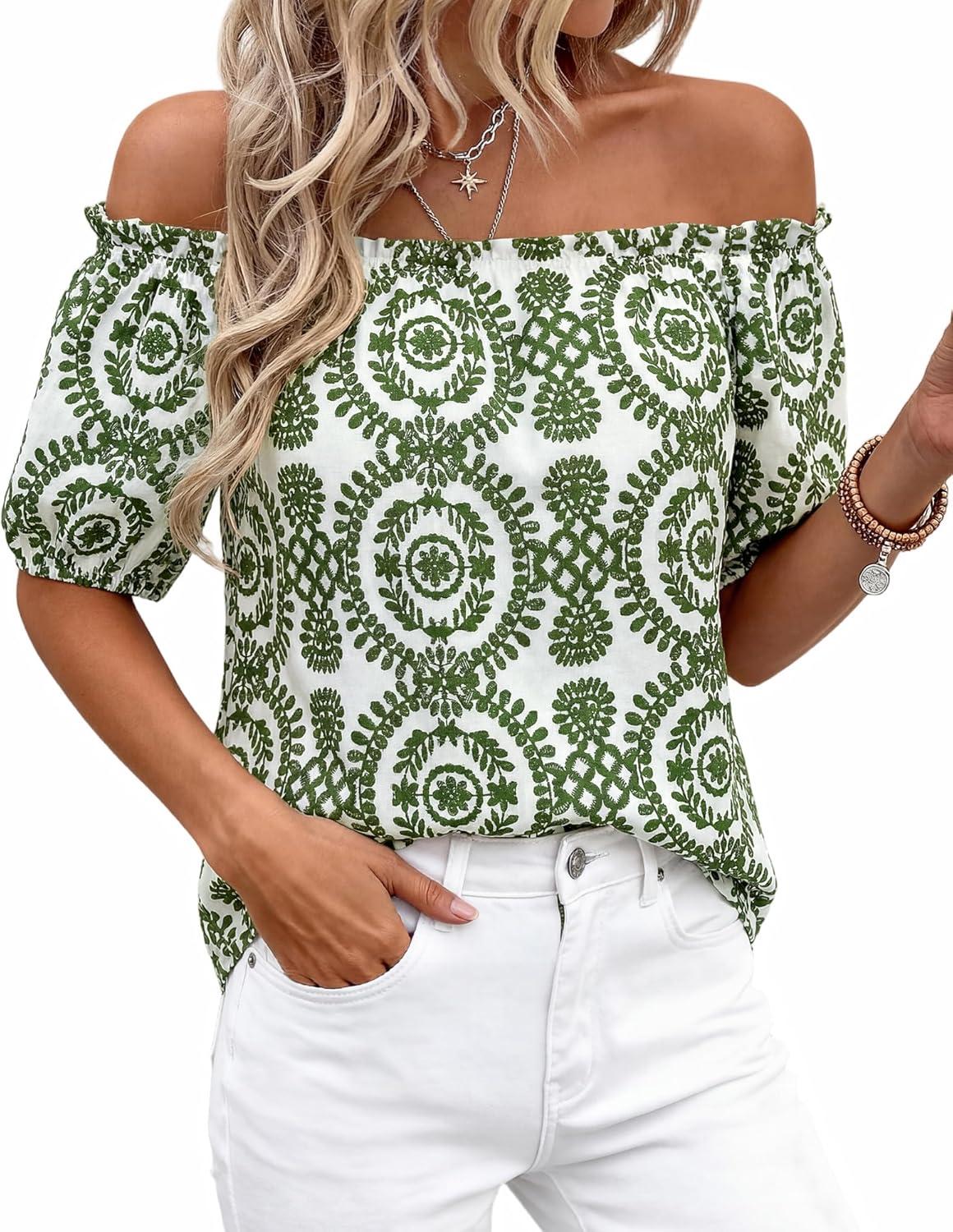 imageBTFBM Off The Shoulder Spring Tops for Women Summer Blouses Boho Floral Short Sleeve Shirts Dressy Casual Outfits 2026Floral White Army Green